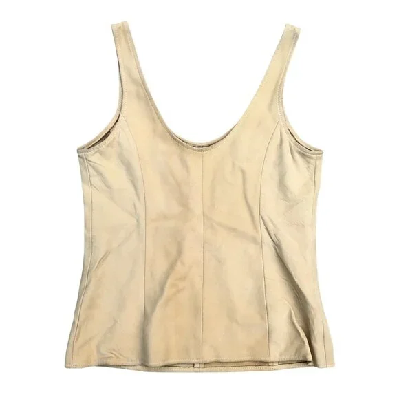 MICHAEL HOBAN Women's Vintage 90s SMALL North Beach Leather Tan Tank Top Shirt - Picture 1 of 7